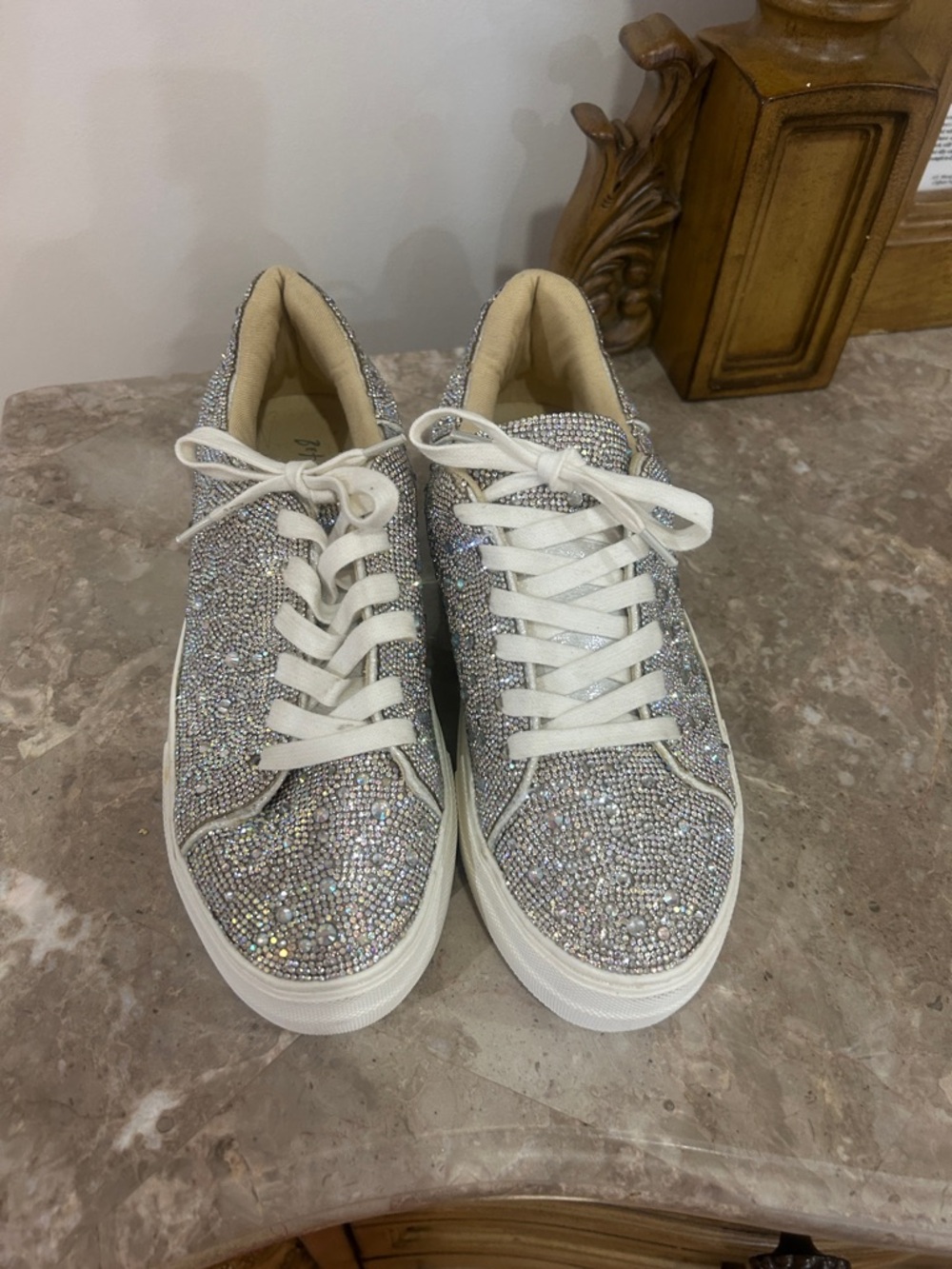 Betsey Johnson Silver Crystal Embellished Lace-Up Sneakers